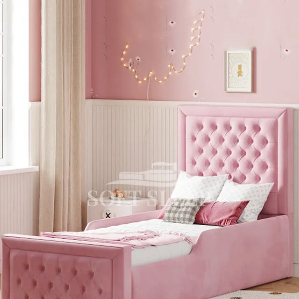 Moana Childrens Chesterfield Upholstered Storage Bedframe + Free 8
